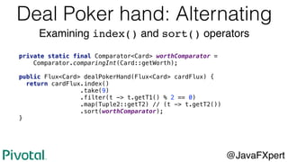 private static final Comparator<Card> worthComparator =
Comparator.comparingInt(Card::getWorth);
public Flux<Card> dealPokerHand(Flux<Card> cardFlux) {
return cardFlux.index()
.take(9)
.filter(t -> t.getT1() % 2 == 0)
.map(Tuple2::getT2) // (t -> t.getT2())
.sort(worthComparator);
}
@JavaFXpert
Examining index() and sort() operators
Deal Poker hand: Alternating
 