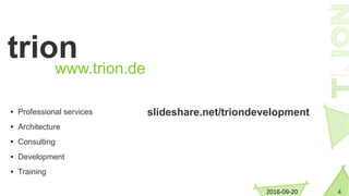 42016-09-20
trion
www.trion.de
● Professional services
● Architecture
● Consulting
● Development
● Training
slideshare.net/triondevelopment
 