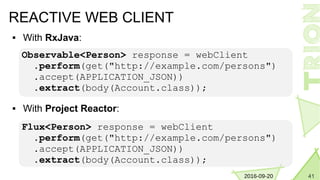 412016-09-20
REACTIVE WEB CLIENT
 With RxJava:
Observable<Person> response = webClient
.perform(get("http://example.com/persons")
.accept(APPLICATION_JSON))
.extract(body(Account.class));
Flux<Person> response = webClient
.perform(get("http://example.com/persons")
.accept(APPLICATION_JSON))
.extract(body(Account.class));
 With Project Reactor:
 