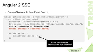 472016-09-20
Angular 2 SSE
● Create Observable from Event Source
public getEventsource(): Observable<MessageEvent> {
return Observable.create(
(observer: Observer<MessageEvent>) => {
let source = new EventSource('http://example.com/persons');
source.onmessage = observer.next;
source.onerror = observer.error;
return () => {
eventSource.close();
});
}
Close event source
If observable unsubscribed
 