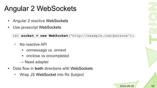 482016-09-20
Angular 2 WebSockets
● Angular 2 reactive WebSockets
● Use javascript WebSockets
• No reactive API
● onmessage vs. onnext
● onclose vs oncompleted
→ Need adapter
● Data flow in both directions with WebSockets
• Wrap JS WebSocket into Rx Subject
let socket = new WebSocket('http://example.com/persons');
 