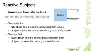 492016-09-20
Reactive Subjects
● Observer and Observable combined
● Observable Part:
• Client can listen to changes/new data from Subject
• Subject obtains this data externally, e.g. from a WebSocket
● Observer Part:
• Subject can listen to changed/new data from client
• Subject can send this data e.g. via WebSocket
Subject.create(observer, observable)
Subject
subscribe()
onNext()
 