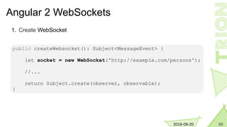 502016-09-20
Angular 2 WebSockets
1. Create WebSocket
public createWebsocket(): Subject<MessageEvent> {
let socket = new WebSocket('http://example.com/persons');
//...
return Subject.create(observer, observable);
}
 