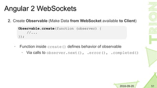 512016-09-20
Angular 2 WebSockets
2. Create Observable (Make Data from WebSocket available to Client)
• Function inside create() defines behavior of observable
• Via calls to observer.next(), .error(), .completed()
Observable.create(function (observer) {
//...
});
 