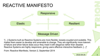82016-09-20
REACTIVE MANIFESTO
“[…] Systems built as Reactive Systems are more flexible, loosely-coupled and scalable. This
makes them easier to develop and amenable to change. They are significantly more tolerant
of failure and when failure does occur they meet it with elegance rather than disaster.
Reactive Systems are highly responsive, giving users effective interactive feedback. […]”
From: Reactive Manifesto, Version 2, September 2014
Elastic
Responsive
Resilient
Message Driven
 