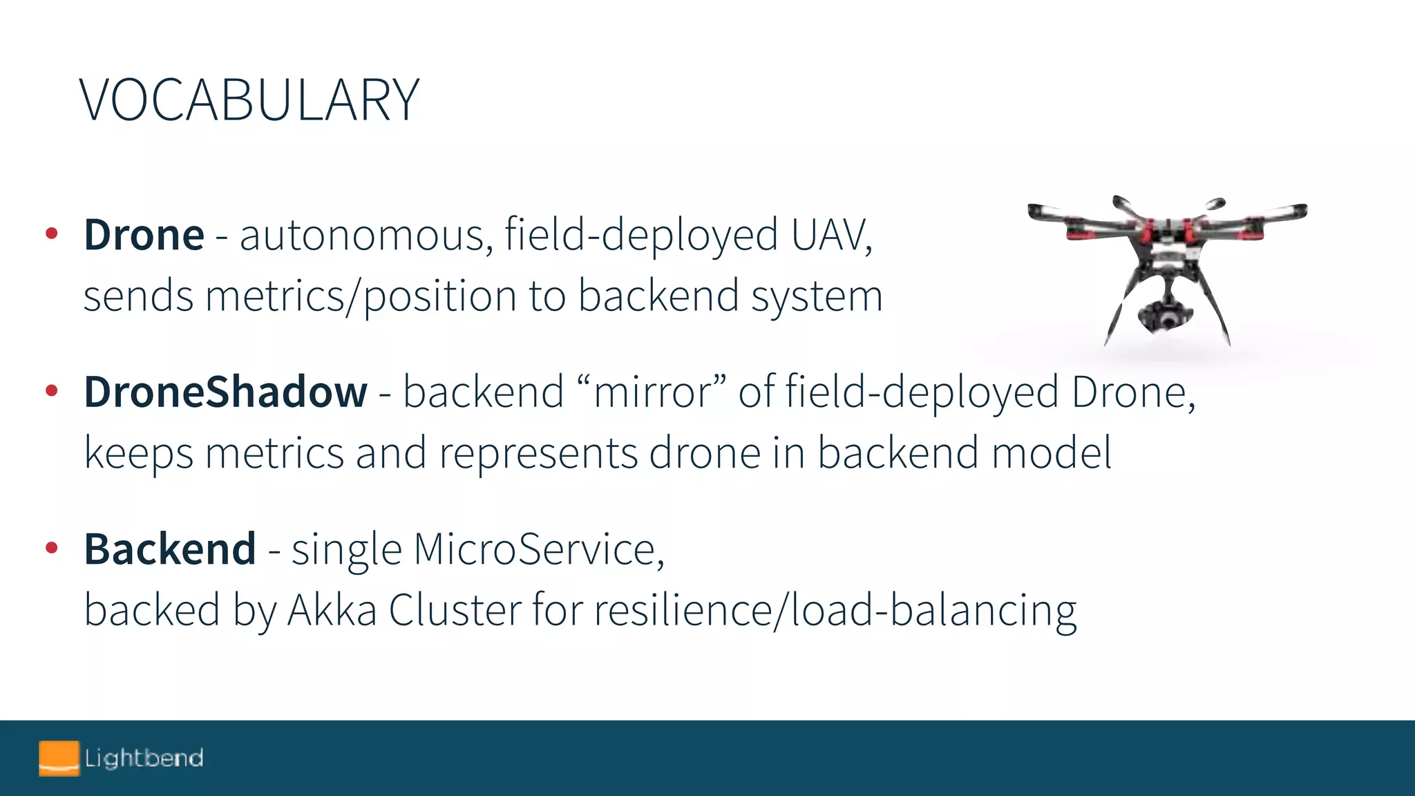 VOCABULARY
• Drone - autonomous, field-deployed UAV, 
sends metrics/position to backend system
• DroneShadow - backend “mirror” of field-deployed Drone, 
keeps metrics and represents drone in backend model
• Backend - single MicroService, 
backed by Akka Cluster for resilience/load-balancing
 