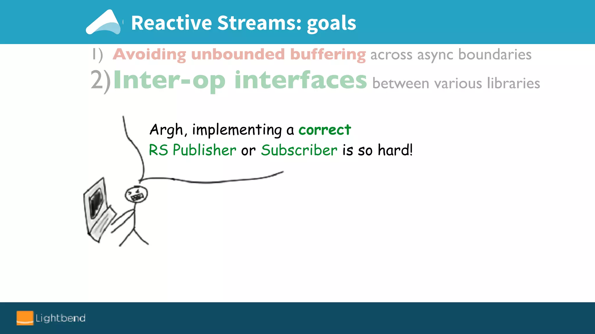 Reactive Streams: goals
1) Avoiding unbounded buffering across async boundaries
2)Inter-op interfaces between various libraries
Argh, implementing a correct
RS Publisher or Subscriber is so hard!
 
