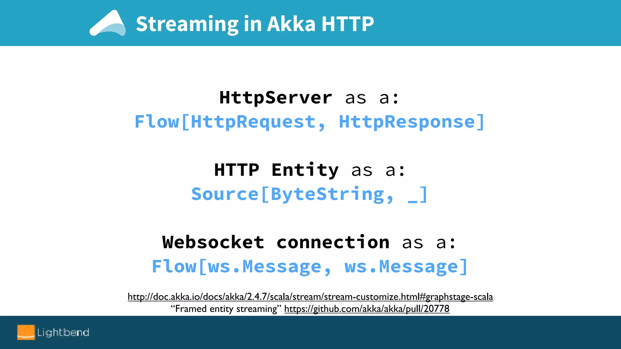 Streaming in Akka HTTP
http://doc.akka.io/docs/akka/2.4.7/scala/stream/stream-customize.html#graphstage-scala
“Framed entity streaming” https://github.com/akka/akka/pull/20778
HttpServer as a:
Flow[HttpRequest, HttpResponse]
HTTP Entity as a:
Source[ByteString, _]
Websocket connection as a:
Flow[ws.Message, ws.Message]
 
