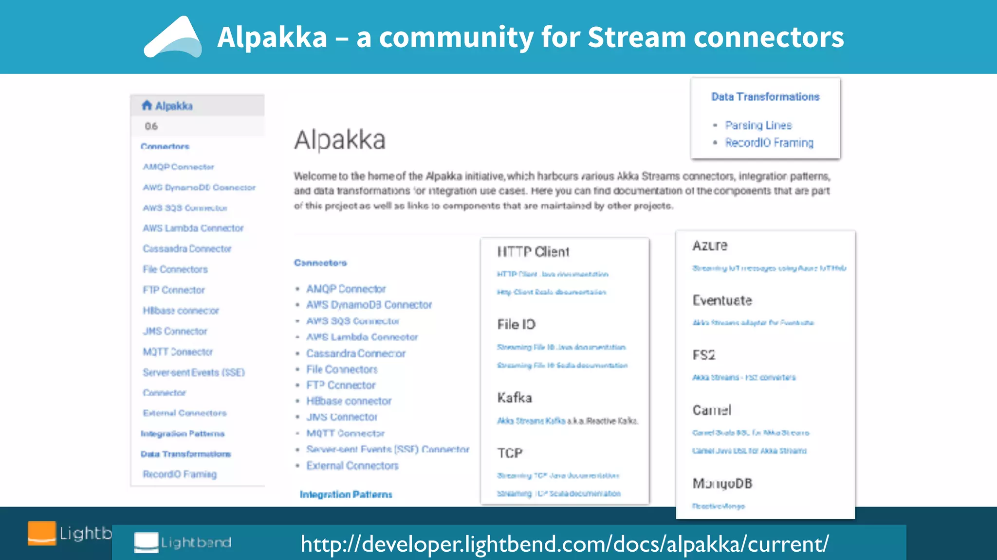 Alpakka – a community for Stream connectors
http://developer.lightbend.com/docs/alpakka/current/
 