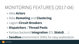 MONITORING FEATURES (2017-04)
• Akka Actors
• Akka Remoting and Clustering
• Lagom Circuit Breakers
• Dispatchers / Thread Pools
• Various backend integration (ES, StatsD, …)
• Sandbox environment (EKG) for easy exploration
 