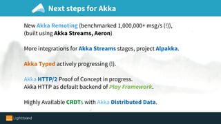 Next steps for Akka
New Akka Remoting (benchmarked 1,000,000+ msg/s (!)),
(built using Akka Streams, Aeron)
More integrations for Akka Streams stages, project Alpakka.
Akka Typed actively progressing (!).
Akka HTTP/2 Proof of Concept in progress.
Akka HTTP as default backend of Play Framework.
Highly Available CRDTs with Akka Distributed Data.
 