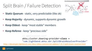 http://developer.lightbend.com/docs/akka-commercial-addons/1.0.1/split-brain-resolver.html
//	application.conf	
akka.cluster.downing-provider-class	=	
"com.lightbend.akka.sbr.SplitBrainResolverProvider"
• Static Quorum - static, very predictable (like zk)
• Keep Majority - dynamic, supports dynamic growth
• Keep Oldest - keep “most stable” members
• Keep Referee - keep “precious side”
Split Brain / Failure Detection
 