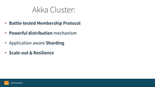 • Battle-tested Membership Protocol
• Powerful distribution mechanism
• Application aware Sharding
• Scale-out & Resilience
Akka Cluster:
 