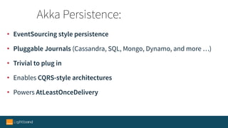 • EventSourcing style persistence
• Pluggable Journals (Cassandra, SQL, Mongo, Dynamo, and more …)
• Trivial to plug in
• Enables CQRS-style architectures
• Powers AtLeastOnceDelivery
Akka Persistence:
 