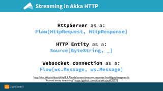 Streaming in Akka HTTP
http://doc.akka.io/docs/akka/2.4.7/scala/stream/stream-customize.html#graphstage-scala
“Framed entity streaming” https://github.com/akka/akka/pull/20778
HttpServer as a:
Flow[HttpRequest, HttpResponse]
HTTP Entity as a:
Source[ByteString, _]
Websocket connection as a:
Flow[ws.Message, ws.Message]
 