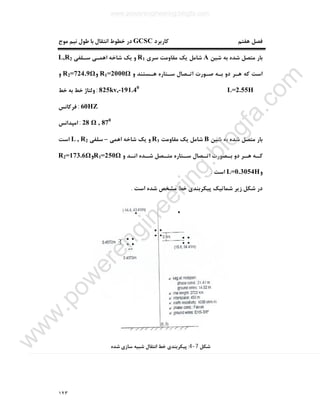 ١٢٣
‫ﮐﺎرﺑﺮد‬ ‫ﻫﻔﺘﻢ‬ ‫ﻓﺼﻞ‬GCSC‫ﻣﻮج‬ ‫ﻧﯿﻢ‬ ‫ﻃﻮل‬ ‫ﺑﺎ‬ ‫اﻧﺘﻘﺎل‬ ‫ﺧﻄﻮط‬ ‫در‬
‫ﺷﯿ‬ ‫ﺑﻪ‬ ‫ﺷﺪه‬ ‫ﻣﺘﺼﻞ‬ ‫ﺑﺎر‬‫ﻦ‬A‫ﺳﺮي‬ ‫ﻣﻘﺎوﻣﺖ‬ ‫ﯾﮏ‬ ‫ﺷﺎﻣﻞ‬R1‫ﺳـﻠﻔﯽ‬ ‫اﻫﻤـﯽ‬ ‫ﺷﺎﺧﻪ‬ ‫ﯾﮏ‬ ‫و‬L,R2
‫و‬ ‫ﻫـﺴﺘﻨﺪ‬ ‫ﺳـﺘﺎره‬ ‫اﺗـﺼﺎل‬ ‫ﺻـﻮرت‬ ‫ﺑـﻪ‬ ‫دو‬ ‫ﻫـﺮ‬ ‫ﮐﻪ‬ ‫اﺳﺖ‬R1=2000Ω‫و‬R2=724.9Ω‫و‬
L=2.55H825kv,-191.40
:‫ﺧﻂ‬ ‫ﺑﻪ‬ ‫ﺧﻂ‬ ‫وﻟﺘﺎژ‬
60HZ:‫ﻓﺮﮐﺎﻧﺲ‬
28 Ω , 870
:‫اﻣﭙﺪاﻧﺲ‬
‫ﺑ‬‫ﺷﯿﻦ‬ ‫ﺑﻪ‬ ‫ﺷﺪه‬ ‫ﻣﺘﺼﻞ‬ ‫ﺎر‬B‫ﻣﻘﺎوﻣﺖ‬ ‫ﯾﮏ‬ ‫ﺷﺎﻣﻞ‬R1‫اﻫﻤﯽ‬ ‫ﺷﺎﺧﻪ‬ ‫ﯾﮏ‬ ‫و‬–‫ﺳﻠﻔﯽ‬R2,L‫اﺳﺖ‬
‫و‬ ‫ـﺪ‬‫اﻧـ‬ ‫ـﺪه‬‫ﺷـ‬ ‫ـﺼﻞ‬‫ﻣﺘـ‬ ‫ـﺘﺎره‬‫ـ‬‫ﺳ‬ ‫ـﺼﺎل‬‫اﺗـ‬ ‫ـﺼﻮرت‬‫ﺑـ‬ ‫دو‬ ‫ـﺮ‬‫ـ‬‫ﻫ‬ ‫ـﻪ‬‫ـ‬‫ﮐ‬ΩR1=250‫و‬R2=173.6Ω
‫و‬L=0.3054H‫اﺳﺖ‬.
‫اﺳﺖ‬ ‫ﺷﺪه‬ ‫ﻣﺸﺨﺺ‬ ‫ﺧﻂ‬ ‫ﭘﯿﮑﺮﺑﻨﺪي‬ ‫ﺷﻤﺎﺗﯿﮏ‬ ‫زﯾﺮ‬ ‫ﺷﮑﻞ‬ ‫در‬.
‫ﺷﮑﻞ‬7-4:‫ﺷﺪه‬ ‫ﺳﺎزي‬ ‫ﺷﺒﯿﻪ‬ ‫اﻧﺘﻘﺎل‬ ‫ﺧﻂ‬ ‫ﭘﯿﮑﺮﺑﻨﺪي‬
www.powerengineering.blogfa.com
w
w
w
.pow
erengineering.blogfa.com
 