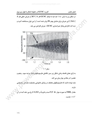 ١٢٩
‫ﮐﺎرﺑﺮ‬ ‫ﻫﻔﺘﻢ‬ ‫ﻓﺼﻞ‬‫د‬GCSC‫ﻣﻮج‬ ‫ﻧﯿﻢ‬ ‫ﻃﻮل‬ ‫ﺑﺎ‬ ‫اﻧﺘﻘﺎل‬ ‫ﺧﻄﻮط‬ ‫در‬
‫ازاي‬ ‫ﺑﻪ‬ ‫زﯾﺮ‬ ‫ﺷﮑﻞ‬ ‫در‬sec5.1sec1 pp t‫وﻟﺘﺎژ‬GCSC‫ﻓﺎز‬A)KV(‫ﻓﺎز‬ ‫ﺧﻄﯽ‬ ‫ﺟﺮﯾﺎن‬ ‫و‬A
)KA) (‫ﺑﻬﺘﺮ‬ ‫ﻧﻤﺎﯾﺶ‬ ‫ﺑﺮاي‬ ‫ﺟﺮﯾﺎن‬ ‫اﯾﻦ‬50‫اﺳﺖ‬ ‫ﺷﺪه‬ ‫ﺑﺮاﺑﺮ‬(‫و‬ ‫ﮐـﺮد‬ ‫ﻣـﺸﺎﻫﺪه‬ ‫ﺗﻮان‬ ‫ﻣﯽ‬ ‫را‬
‫ﺟﺒﺮاﻧﺴﺎزي‬ ‫وﻟﺘﺎژ‬ ‫اﻓﺰاﯾﺶ‬ ‫ﺑﺎ‬ ‫ﮐﻪ‬ ‫دﯾﺪ‬GCSC‫ﻣﯽ‬ ‫اﻓﺰاﯾﺶ‬ ‫ﺟﺮﯾﺎن‬ ،‫ﯾﺎﺑﺪ‬.
‫ﺷﮑﻞ‬7-7
‫و‬ ‫ﭘﻨﺠﻢ‬ ، ‫ﺳﻮم‬ ‫ﻣﺮﺗﺒﻪ‬ ‫وﻟﺘﺎژ‬ ‫ﻫﺎرﻣﻮﻧﯿﮑﻬﺎي‬ ‫ﺗﮑﺎﻣﻠﯽ‬ ‫ﺳﯿﺮ‬ ‫زﯾﺮ‬ ‫ﺷﮑﻞ‬ ‫زﻣﺎﻧﯽ‬ ‫ﻓﺎﺻﻠﻪ‬ ‫ﻫﻤﺎن‬ ‫ازاي‬ ‫ﺑﻪ‬
‫ﮐﻨﺪ‬ ‫ﻣﯽ‬ ‫ﺑﯿﺎن‬ ‫ﻣﻮﺛﺮ‬ ‫ﻣﻘﺎدﯾﺮ‬ ‫در‬ ‫را‬ ‫ﻫﻔﺘﻢ‬.
‫ﻣﺘﻔـﺎوﺗﯽ‬ ‫ﻣﻘـﺎدﯾﺮ‬ ‫ﻣﺘﻔـﺎوت‬ ‫ﺧﺎﻣﻮﺷﯽ‬ ‫زواﯾﺎي‬ ‫در‬ ‫ﻣﺨﺘﻠﻒ‬ ‫ﻫﺎرﻣﻮﻧﯿﮑﻬﺎي‬ ‫ﮐﻪ‬ ‫داﺷﺖ‬ ‫ﺗﻮﺟﻪ‬ ‫ﺑﺎﯾﺪ‬
‫دارﻧﺪ‬.
‫ﻣﻘﺪار‬THDv‫ﻣﻮﺛﺮ‬ ‫ﺻﻮرت‬ ‫ﺑﻪ‬5.5 kv‫اﺳﺖ‬‫در‬ ً‫ﺎ‬‫ﺗﻘﺮﯾﺒ‬ ‫و‬t=1.212‫دﻫﺪ‬ ‫ﻣﯽ‬ ‫رخ‬‫آن‬ ‫در‬ ‫ﮐـﻪ‬
0
113=γ‫اﺳﺖ‬.
www.powerengineering.blogfa.com
w
w
w
.pow
erengineering.blogfa.com
 