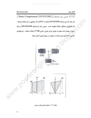 ٣٦
‫دوم‬ ‫ﻓﺼﻞ‬‫ﺟﺒﺮاﻧﺴﺎزﻫﺎ‬ ‫اﻧﻮاع‬
2-1-2-‫اﺳﺘﺎﺗﯿﮏ‬ ‫ﺳﺎز‬ ‫ﺟﺒﺮان‬) )STATCOM(Static Compensator: (
‫وﺳﯿﻠﻪ‬ ‫اﯾﻦ‬ ‫ﻧﺎم‬ ‫ﭼﻨﺪ‬ ‫ﻫﺮ‬STATCOM‫ﺑﺎ‬ ‫ﻣﺸﺎﺑﻪ‬SVC، ‫ﻣﯿﺪﻫﺪ‬ ‫اﻧﺠﺎم‬ ‫ﻧﯿﺰ‬ ‫را‬ ‫ﻣﺸﺎﺑﻬﯽ‬ ‫ﮐﺎر‬ ‫و‬
‫ﺗﮑﻨﻮﻟﻮ‬ ‫اﻣﺎ‬‫اﺳﺖ‬ ‫ﻣﺘﻔﺎوت‬ ً‫ﻼ‬‫ﮐﺎﻣ‬ ‫ﻋﻤﻠﮑﺮد‬ ‫ژي‬.‫اﺳـﺘﺎﺗﯿﮏ‬ ‫ﺳﺎز‬ ‫ﺟﺒﺮان‬STATCOM‫ﯾـﮏ‬ ‫از‬
‫ﺳﺎزي‬ ‫ﺟﺒﺮان‬ ‫ﺑﺮاي‬ ‫ﻣﻮازي‬ ‫ﺑﺼﻮرت‬ ‫ﺷﺪه‬ ‫ﻣﺘﺼﻞ‬ ‫اﯾﻨﻮرﺗﺮ‬VAR‫ﺟﺮﯾﺎﻧﻬـﺎي‬ ، ‫ﻣﯿﮑﻨﺪ‬ ‫اﺳﺘﻔﺎده‬
‫ﻧﻤﻮد‬ ‫ﮐﻨﺘﺮل‬ ‫وﺳﯿﻌﯽ‬ ‫رﻧﺞ‬ ‫در‬ ‫ﻣﯿﺘﻮان‬ ‫را‬ ‫وﺳﯿﻠﻪ‬ ‫اﯾﻦ‬ ‫اﻧﺪوﮐﺘﯿﻮ‬ ‫و‬ ‫ﺧﺎزﻧﯽ‬.
‫ﺷﮑﻞ‬2-3:‫ﺟﺮﯾﺎن‬ ‫و‬ ‫وﻟﺘﺎژ‬ ‫ﻫﺎي‬ ‫ﻣﺸﺨﺼﻪ‬
www.powerengineering.blogfa.com
w
w
w
.pow
erengineering.blogfa.com
 
