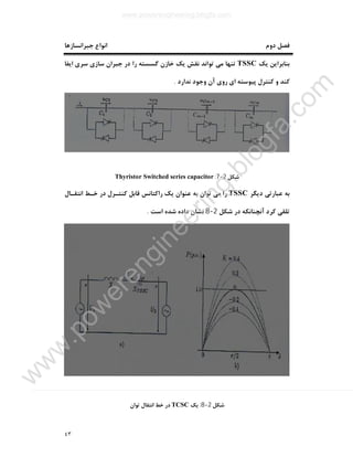 ٤٣
‫ﺟﺒﺮاﻧﺴﺎزﻫﺎ‬ ‫اﻧﻮاع‬ ‫دوم‬ ‫ﻓﺼﻞ‬
‫ﯾﮏ‬ ‫ﺑﻨﺎﺑﺮاﯾﻦ‬TSSC‫ﻣ‬ ‫ﺗﻨﻬﺎ‬‫اﯾﻔﺎ‬ ‫ﺳﺮي‬ ‫ﺳﺎزي‬ ‫ﺟﺒﺮان‬ ‫در‬ ‫را‬ ‫ﮔﺴﺴﺘﻪ‬ ‫ﺧﺎزن‬ ‫ﯾﮏ‬ ‫ﻧﻘﺶ‬ ‫ﺗﻮاﻧﺪ‬ ‫ﯽ‬
‫ﻧﺪارد‬ ‫وﺟﻮد‬ ‫آن‬ ‫روي‬ ‫اي‬ ‫ﭘﯿﻮﺳﺘﻪ‬ ‫ﮐﻨﺘﺮل‬ ‫و‬ ‫ﮐﻨﺪ‬.
‫ﺷﮑﻞ‬2-7:Thyristor Switched series capacitor
‫دﯾﮕﺮ‬ ‫ﻋﺒﺎرﺗﯽ‬ ‫ﺑﻪ‬TSSC‫اﻧﺘﻘـﺎل‬ ‫ﺧـﻂ‬ ‫در‬ ‫ﮐﻨﺘـﺮل‬ ‫ﻗﺎﺑﻞ‬ ‫راﮐﺘﺎﻧﺲ‬ ‫ﯾﮏ‬ ‫ﻋﻨﻮان‬ ‫ﺑﻪ‬ ‫ﺗﻮان‬ ‫ﻣﯽ‬ ‫را‬
‫ﺷﮑﻞ‬ ‫در‬ ‫آﻧﭽﻨﺎﻧﮑﻪ‬ ‫ﮐﺮد‬ ‫ﺗﻠﻘﯽ‬2-8‫داده‬ ‫ﻧﺸﺎن‬‫اﺳﺖ‬ ‫ﺷﺪه‬.
‫ﺷﮑﻞ‬2-8:‫ﯾﮏ‬TCSC‫ﺗﻮان‬ ‫اﻧﺘﻘﺎل‬ ‫ﺧﻂ‬ ‫در‬
www.powerengineering.blogfa.com
w
w
w
.pow
erengineering.blogfa.com
 