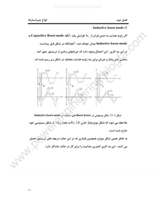 ٥٠
‫ﺟﺒﺮاﻧﺴﺎزﻫﺎ‬ ‫اﻧﻮاع‬ ‫دوم‬ ‫ﻓﺼﻞ‬
4(Inductive boost mode:
‫ﻓﺮاﺗﺮ‬ ‫ﺣﺪي‬ ‫ﺑﻪ‬ ‫ﻫﺪاﯾﺖ‬ ‫زاوﯾﻪ‬ ‫اﮔﺮ‬‫از‬∞β‫،آﻧﮕﺎه‬ ‫ﯾﺎﺑﺪ‬ ‫اﻓﺰاﯾﺶ‬Capacitive Boost mode‫ﺑﻪ‬
Inductive boost mode‫ﭘﯿﺪاﺳﺖ‬ ‫ﻗﺒﻞ‬ ‫ﺷﮑﻞ‬ ‫در‬ ‫آﻧﭽﻨﺎﻧﮑﻪ‬ ‫؛‬ ‫ﺷﺪ‬ ‫ﺧﻮاﻫﺪ‬ ‫ﻣﺒﺪل‬.
‫ﮐﻨﺪ‬ ‫ﻋﺒﻮر‬ ‫ﺗﺮﯾﺴﺘﻮر‬ ‫از‬ ‫زﯾﺎدي‬ ‫ﺟﺮﯾﺎﻧﻬﺎي‬ ‫ﮐﻪ‬ ‫دارد‬ ‫وﺟﻮد‬ ‫اﺣﺘﻤﺎل‬ ‫اﯾﻦ‬ ، ‫ﮐﺎري‬ ‫ﻣﺪ‬ ‫اﯾﻦ‬ ‫در‬.
‫ﻫ‬ ‫زاوﯾﻪ‬ ‫ﺳﻪ‬ ‫ﺑﺮاي‬ ‫ﺟﺮﯾﺎن‬ ‫و‬ ‫وﻟﺘﺎژ‬ ‫ﻫﺎي‬ ‫ﻣﻨﺤﻨﯽ‬‫اﻧﺪ‬ ‫ﺷﺪه‬ ‫رﺳﻢ‬ ‫زﯾﺮ‬ ‫ﺷﮑﻞ‬ ‫در‬ ‫ﻣﺨﺘﻠﻒ‬ ‫ﺪاﯾﺖ‬:
‫ﺷﮑﻞ‬2-13:‫در‬ ‫ﻣﻮﺟﻬﺎﯾﯽ‬ ‫ﺷﮑﻞ‬Boost factor‫در‬ ‫ﻣﺨﺘﻠﻒ‬ ‫ﻫﺎي‬Inductive boost mode
‫ﺧﺎزن‬ ‫وﻟﺘﺎژ‬ ‫ﻣﻮج‬ ‫ﺷﮑﻞ‬ ‫ﮐﻪ‬ ‫ﺷﻮد‬ ‫ﻣﯽ‬ ‫ﻣﻼﺣﻈﻪ‬)t(UC‫ﺧﻮد‬ ‫ﺳﯿﻨﻮﺳﯽ‬ ‫ﺷﮑﻞ‬ ‫از‬ ، ‫زﯾﺎد‬ ‫ﻣﻘﺪار‬ ‫ﺑﻪ‬
‫اﺳﺖ‬ ‫ﺷﺪه‬ ‫ﺧﺎرج‬.
‫ﺣﺎﻟﺖ‬ ‫اﯾﻦ‬ ‫در‬ ‫ﮐﻪ‬ ‫ﻓﺸﺎري‬ ‫ﻫﻤﭽﻨﯿﻦ‬ ‫و‬ ‫ﻣﻮج‬ ‫ﺷﮑﻞ‬ ‫ﻫﻤﯿﻦ‬ ‫ﺧﺎﻃﺮ‬ ‫ﺑﻪ‬‫ﺗﺤﻤﻞ‬ ‫ﺗﺮﯾﺴﺘﻮر‬ ‫ﻫﺎي‬ ‫درﯾﭽﻪ‬
‫دارد‬ ‫ﻣﺎﻧﺪﮔﺎر‬ ‫ﺣﺎﻟﺖ‬ ‫در‬ ‫ﮐﺎر‬ ‫ﺑﺮاي‬ ‫را‬ ‫ﺟﺬاﺑﯿﺖ‬ ‫ﮐﻤﺘﺮﯾﻦ‬ ‫ﮐﺎري‬ ‫ﻣﺪ‬ ‫اﯾﻦ‬ ، ‫ﮐﻨﻨﺪ‬ ‫ﻣﯽ‬.
www.powerengineering.blogfa.com
w
w
w
.pow
erengineering.blogfa.com
 