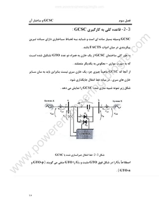 ٦٢
‫ﺳﻮم‬ ‫ﻓﺼﻞ‬GCSC‫آن‬ ‫ﺳﺎﺧﺘﺎر‬ ‫و‬
3-2-‫ﮐﺎرﮔﯿﺮي‬ ‫ﺑﻪ‬ ‫ﮐﻠﯽ‬ ‫ﻗﺎﻋﺪه‬GCSC:
GCSC‫ﺗـﺮﯾﻦ‬ ‫ﺳـﺎده‬ ‫داراي‬ ‫ﺳـﺎﺧﺘﺎري‬ ‫ﻟﺤـﺎظ‬ ‫ﺑـﻪ‬ ‫ﺷـﺎﯾﺪ‬ ‫و‬ ‫اﺳﺖ‬ ‫اي‬ ‫ﺳﺎده‬ ‫ﺑﺴﯿﺎر‬ ‫وﺳﯿﻠﻪ‬
‫ادوات‬ ‫ﻣﯿﺎن‬ ‫در‬ ‫ﭘﯿﮑﺮﺑﻨﺪي‬FACTS‫ﺑﺎﺷﺪ‬.
‫ﺳﺎﺧﺘﻤﺎن‬ ‫ﮐﻠﯽ‬ ‫ﻃﻮر‬ ‫ﺑﻪ‬GCSC‫ﻋﺪد‬ ‫دو‬ ‫ﻫﻤﺮاه‬ ‫ﺑﻪ‬ ‫ﺧﺎزن‬ ‫ﯾﮏ‬ ‫از‬GTO‫اﺳـﺖ‬ ‫ﺷﺪه‬ ‫ﺗﺸﮑﯿﻞ‬
‫ﻣﻮازي‬ ‫ﺻﻮرت‬ ‫ﺑﻪ‬ ‫ﮐﻪ‬–‫ﻣﺘﺼﻠﻨﺪ‬ ‫ﯾﮑﺪﯾﮕﺮ‬ ‫ﺑﻪ‬ ‫ﻣﻌﮑﻮس‬.
‫ﮐﻪ‬ ‫آﻧﺠﺎ‬ ‫از‬GCSC‫ﺳـﺎﯾﺮ‬ ‫ﺳﺎن‬ ‫ﺑﻪ‬ ‫ﺑﺎﯾﺪ‬ ‫ﺑﻨﺎﺑﺮاﯾﻦ‬ ‫ﻧﯿﺴﺖ‬ ‫ﺳﺮي‬ ‫ﺧﺎزن‬ ‫ﯾﮏ‬ ‫ﺟﺰء‬ ‫ﭼﯿﺰي‬ ً‫ﺎ‬‫ﻣﺎﻫﯿﺘ‬
‫ﺷﻮد‬ ‫ﺟﺎﯾﮕﺬاري‬ ‫اﻧﺘﻘﺎل‬ ‫ﺧﻂ‬ ‫ﻣﯿﺎﻧﻪ‬ ‫در‬ ، ‫ﺳﺮي‬ ‫ﻫﺎي‬ ‫ﺧﺎزن‬.
‫ﻧﻤﻮﻧﻪ‬ ‫زﯾﺮ‬ ‫ﺷﮑﻞ‬‫ﺷﺪه‬ ‫ﺳﺎزي‬ ‫ﺷﺒﯿﻪ‬GCSC‫دﻫﺪ‬ ‫ﻣﯽ‬ ‫ﻧﻤﺎﯾﺶ‬ ‫را‬.
‫ﺷﮑﻞ‬3-2:‫ﺑﺎ‬ ‫ﺷﺪه‬ ‫ﺟﺒﺮاﻧﺴﺎزي‬ ‫اﻧﺘﻘﺎل‬ ‫ﺧﻂ‬GCSC
ً‫ﺎ‬‫اﺻﻄﻼﺣ‬G1‫ﻓﻮق‬ ‫ﺷﮑﻞ‬ ‫در‬ ‫را‬GTO‫و‬ ‫ﻣﺜﺒﺖ‬G2‫را‬GTO‫ﮔﻮﯾﻨﺪ‬ ‫ﻣﯽ‬ ‫ﻣﻨﻔﯽ‬)GTO-p‫و‬
GTO-n. (
www.powerengineering.blogfa.com
w
w
w
.pow
erengineering.blogfa.com
 