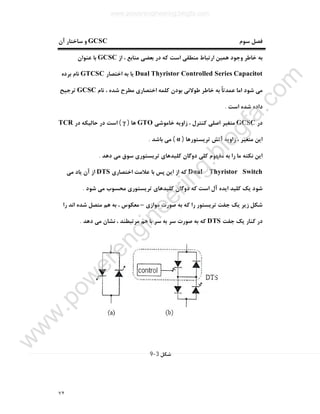 ٧٢
‫ﺳﻮم‬ ‫ﻓﺼﻞ‬GCSC‫آن‬ ‫ﺳﺎﺧﺘﺎر‬ ‫و‬
‫از‬ ، ‫ﻣﻨﺎﺑﻊ‬ ‫ﺑﻌﻀﯽ‬ ‫در‬ ‫ﮐﻪ‬ ‫اﺳﺖ‬ ‫ﻣﻨﻄﻘﯽ‬ ‫ارﺗﺒﺎط‬ ‫ﻫﻤﯿﻦ‬ ‫وﺟﻮد‬ ‫ﺧﺎﻃﺮ‬ ‫ﺑﻪ‬GCSC‫ﻋﻨﻮان‬ ‫ﺑﺎ‬
Dual Thyristor Controlled Series Capacitot‫اﺧﺘﺼﺎر‬ ‫ﺑﻪ‬ ‫ﯾﺎ‬GTCSC‫ﺑﺮده‬ ‫ﻧﺎم‬
‫ﺑ‬ ً‫ﺎ‬‫ﻋﻤﺪﺗ‬ ‫اﻣﺎ‬ ‫ﺷﻮد‬ ‫ﻣﯽ‬‫ﻧﺎم‬ ، ‫ﺷﺪه‬ ‫ﻣﻄﺮح‬ ‫اﺧﺘﺼﺎري‬ ‫ﮐﻠﻤﻪ‬ ‫ﺑﻮدن‬ ‫ﻃﻮﻻﻧﯽ‬ ‫ﺧﺎﻃﺮ‬ ‫ﻪ‬GCSC‫ﺗﺮﺟﯿﺢ‬
‫اﺳﺖ‬ ‫ﺷﺪه‬ ‫داده‬.
‫در‬GCSC‫ﺧﺎﻣﻮﺷﯽ‬ ‫زاوﯾﻪ‬ ، ‫ﮐﻨﺘﺮل‬ ‫اﺻﻠﯽ‬ ‫ﻣﺘﻐﯿﺮ‬GTO‫ﻫﺎ‬)γ(‫در‬ ‫ﺣﺎﻟﯿﮑﻪ‬ ‫در‬ ‫اﺳﺖ‬TCR
‫ﺗﺮﯾﺴﺘﻮرﻫﺎ‬ ‫آﺗﺶ‬ ‫زاوﯾﻪ‬ ، ‫ﻣﺘﻐﯿﺮ‬ ‫اﯾﻦ‬)α(‫ﺑﺎﺷﺪ‬ ‫ﻣﯽ‬.
‫د‬ ‫ﻣﯽ‬ ‫ﺳﻮق‬ ‫ﺗﺮﯾﺴﺘﻮري‬ ‫ﮐﻠﯿﺪﻫﺎي‬ ‫دوﮔﺎن‬ ‫ﮐﻠﯽ‬ ‫ﻣﻔﻬﻮم‬ ‫ﺑﻪ‬ ‫را‬ ‫ﻣﺎ‬ ‫ﻧﮑﺘﻪ‬ ‫اﯾﻦ‬‫ﻫﺪ‬.
Dual Thyristor Switch‫اﺧﺘﺼﺎري‬ ‫ﻋﻼﻣﺖ‬ ‫ﺑﺎ‬ ‫ﭘﺲ‬ ‫اﯾﻦ‬ ‫از‬ ‫ﮐﻪ‬DTS‫ﻣﯽ‬ ‫ﯾﺎد‬ ‫آن‬ ‫از‬
‫ﺷﻮد‬ ‫ﻣﯽ‬ ‫ﻣﺤﺴﻮب‬ ‫ﺗﺮﯾﺴﺘﻮري‬ ‫ﮐﻠﯿﺪﻫﺎي‬ ‫دوﮔﺎن‬ ‫ﮐﻪ‬ ‫اﺳﺖ‬ ‫آل‬ ‫اﯾﺪه‬ ‫ﮐﻠﯿﺪ‬ ‫ﯾﮏ‬ ‫ﺷﻮد‬.
‫ﻣﻮازي‬ ‫ﺻﻮرت‬ ‫ﺑﻪ‬ ‫ﮐﻪ‬ ‫را‬ ‫ﺗﺮﯾﺴﺘﻮر‬ ‫ﺟﻔﺖ‬ ‫ﯾﮏ‬ ‫زﯾﺮ‬ ‫ﺷﮑﻞ‬–‫را‬ ‫اﻧﺪ‬ ‫ﺷﺪه‬ ‫ﻣﺘﺼﻞ‬ ‫ﻫﻢ‬ ‫ﺑﻪ‬ ، ‫ﻣﻌﮑﻮس‬
‫ﺟﻔﺖ‬ ‫ﯾﮏ‬ ‫ﮐﻨﺎر‬ ‫در‬DTS‫ﺳﺮ‬ ‫ﺻﻮرت‬ ‫ﺑﻪ‬ ‫ﮐﻪ‬‫ﺑﻪ‬‫دﻫﺪ‬ ‫ﻣﯽ‬ ‫ﻧﺸﺎن‬ ، ‫ﻣﺮﺗﺒﻄﻨﺪ‬ ‫ﻫﻢ‬ ‫ﺑﺎ‬ ‫ﺳﺮ‬.
‫ﺷﮑﻞ‬3-9
www.powerengineering.blogfa.com
w
w
w
.pow
erengineering.blogfa.com
 