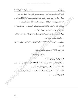 ٩٥
‫ﻣﯿﺎن‬ ‫ﻣﻘﺎﯾﺴﻪ‬ ‫ﺷﺸﻢ‬ ‫ﻓﺼﻞ‬GCSC‫و‬TCSC
‫اﺳﺖ‬ ‫ﺷﺪه‬ ‫زده‬ ‫ﺳﺎﯾﻪ‬ ، ‫ﮐﺎري‬ ‫ﻧﺎﺣﯿﻪ‬.‫اﺳﺖ‬ ‫آﻣﺪه‬ ‫ﺷﮑﻞ‬ ‫اﯾﻦ‬ ‫در‬ ‫رزوﻧﺎﻧﺲ‬ ‫ﭘﺪﯾﺪه‬ ‫ﻫﻤﭽﻨﯿﻦ‬.
Zmax‫و‬Zmin‫ﺑﯿﺸﯿﻨﻪ‬ ‫ﺗﺮﺗﯿﺐ‬ ‫ﺑﻪ‬‫ﮐﻪ‬ ‫ﻫﺴﺘﻨﺪ‬ ‫اﻣﭙﺪاﻧﺴﯽ‬ ‫ﻣﻘﺪار‬ ‫ﮐﻤﯿﻨﻪ‬ ‫و‬TCSC‫ﺑﻪ‬ ‫ﺗﻮاﻧﺪ‬ ‫ﻣﯽ‬
‫ﻧﺎﺣﯿﻪ‬ ‫در‬ ‫ﻫﻤﭽﻨﺎن‬ ‫آﻧﮑﻪ‬ ‫ﺷﺮط‬ ‫ﺑﻪ‬ ‫؛‬ ‫دﻫﺪ‬ ‫اﺧﺘﺼﺎص‬ ‫ﺧﻮد‬Capacitive‫ﺑﻤﺎﻧﺪ‬ ‫ﺑﺎﻗﯽ‬.
Zmin‫از‬ ‫ﻫﯿﭽﮑـﺪام‬ ‫ﮐـﻪ‬ ‫دارد‬ ‫اﺧﺘـﺼﺎص‬ ‫زﻣـﺎﻧﯽ‬ ‫ﺑـﻪ‬ ‫و‬ ‫اﺳـﺖ‬ ‫ﺧـﺎزﻧﯽ‬ ‫راﮐﺘﺎﻧﺲ‬ ‫ﺷﺎﻣﻞ‬ ‫ﻓﻘﻂ‬
‫اﺳﺖ‬ ‫ﻣﺪار‬ ‫از‬ ‫ﺧﺎرج‬ ‫راﮐﺘﻮر‬ ‫و‬ ‫ﻧﯿﺴﺘﻨﺪ‬ ‫وﺻﻞ‬ ‫ﺗﺮﯾﺴﺘﻮرﻫﺎ‬.
Zmax‫ﻣﻌﺎدل‬ ‫اﻣﭙﺪاﻧﺲ‬‫زﻣﺎﻧﯿﮑـﻪ‬ ‫اﺳﺖ‬ ‫ﺗﺮﯾﺴﺘﻮر‬ ‫ﺗﻮﺳﻂ‬ ‫ﺷﻮﻧﺪه‬ ‫ﮐﻨﺘﺮل‬ ‫راﮐﺘﻮرﻫﺎي‬ ‫و‬ ‫ﻫﺎ‬ ‫ﺧﺎزن‬
‫ﺗﺮﯾﺴﺘﻮرﻫﺎ‬ ‫آﺗﺶ‬ ‫زاوﯾﻪ‬minα‫ﺑﺎﺷﺪ‬.
‫ﻣﺤـﺪود‬ ، ‫ﻣـﻮازي‬ ‫رزﻧﺎﻧﺲ‬ ‫ﻣﻨﻄﻘﻪ‬ ‫از‬ ‫ﻧﺎﺷﯽ‬ ‫اﺣﺘﻤﺎﻟﯽ‬ ‫ﺧﻄﺮات‬ ‫از‬ ‫اﺟﺘﻨﺎب‬ ‫ﻣﻨﻈﻮر‬ ‫ﺑﻪ‬ ‫زاوﯾﻪ‬ ‫اﯾﻦ‬
‫اﺳﺖ‬ ‫ﺷﺪه‬.
‫ﺧﺎزن‬ ‫اﻧﺪازه‬TCSC‫ﺷﻮد‬ ‫ﻣﯽ‬ ‫ﻣﺤﺎﺳﺒﻪ‬ ‫زﯾﺮ‬ ‫راﺑﻄﻪ‬ ‫از‬:
ƒZmin
π2
1
CTCSC=
‫اﺳﺖ‬ ‫ﺧﻂ‬ ‫ﺟﺮﯾﺎن‬ ‫ﻓﺮﮐﺎﻧﺲ‬ ‫آن‬ ‫در‬ ‫ﮐﻪ‬.
‫آﻧﺮا‬ ‫ﮐﻪ‬ ‫ﺧﺎزن‬ ‫وﻟﺘﺎژ‬VC‫زﻣﺎﻧﯿﮑﻪ‬ ، ‫ﻧﻬﯿﻢ‬ ‫ﻣﯽ‬ ‫ﻧﺎم‬TCSC‫ﺳـﺮي‬ ‫ﺟﺒﺮاﻧﺴﺎزي‬ ‫ﺑﯿﺸﺘﺮﯾﻦ‬ ‫اﻣﮑﺎن‬
‫اﺳﺖ‬ ‫ﮐﺮده‬ ‫ﻓﺮاﻫﻢ‬)Zmax(‫دارد‬ ‫را‬ ‫ﺧﻮد‬ ‫ﻣﻘﺪار‬ ‫ﺑﯿﺸﺘﺮﯾﻦ‬ ،.
‫ﯾﮏ‬ ‫اﻣﭙﺪاﻧﺲ‬ ‫اﺳﺎﺳﯽ‬ ‫ﻣﺸﺨﺼﻪ‬ ‫زﯾﺮ‬ ‫ﺷﮑﻞ‬GCSC‫را‬‫ﺗـﺎﺧﯿﺮ‬ ‫زاوﯾـﻪ‬ ‫از‬ ‫ﺗـﺎﺑﻌﯽ‬ ‫ﻋﻨـﻮان‬ ‫ﺑـﻪ‬
‫ﺧﺎﻣﻮﺷﯽ‬γ‫دﻫﺪ‬ ‫ﻣﯽ‬ ‫ﻧﺸﺎن‬.
www.powerengineering.blogfa.com
w
w
w
.pow
erengineering.blogfa.com
 