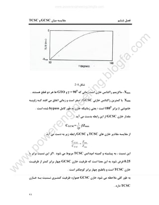 ٩٦
‫ﻣﯿﺎن‬ ‫ﻣﻘﺎﯾﺴﻪ‬ ‫ﺷﺸﻢ‬ ‫ﻓﺼﻞ‬GCSC‫و‬TCSC
‫ﺷﮑﻞ‬6-2
Xmzx‫ﮐﻪ‬ ‫زﻣﺎﻧﯽ‬ ‫اﺳﺖ‬ ‫ﺧﺎزن‬ ‫راﮐﺘﺎﻧﺲ‬ ‫ﻣﺎﮐﺰﯾﻤﻢ‬ ،900
=γ‫و‬GTO‫ﻫﺴﺘﻨﺪ‬ ‫ﻗﻄﻊ‬ ‫دو‬ ‫ﻫﺮ‬ ‫ﻫﺎ‬.
Xmin‫ﯾﺎ‬‫ﺧﺎزﻧﯽ‬ ‫راﮐﺘﺎﻧﺲ‬ ‫ﮐﻤﺘﺮﯾﻦ‬GCSC‫زاوﯾـﻪ‬ ‫ﮐـﻪ‬ ‫اﻓﺘﺪ‬ ‫ﻣﯽ‬ ‫اﺗﻔﺎق‬ ‫زﻣﺎﻧﯽ‬ ‫و‬ ‫اﺳﺖ‬ ‫ﺻﻔﺮ‬ ،
‫ﺧﺎﻣﻮﺷﯽ‬γ‫ﺑﺮاﺑﺮ‬1800
‫ﮐﺎﻣﻞ‬ ‫ﻃﻮر‬ ‫ﺑﻪ‬ ‫ﺧﺎزن‬ ‫زﻣﺎﻧﯿﮑﻪ‬ ‫ﯾﻌﻨﯽ‬ ‫؛‬ ‫اﺳﺖ‬bypass‫اﺳﺖ‬ ‫ﺷﺪه‬.
‫ﺧﺎزن‬ ‫ﻣﻘﺪار‬GCSC‫آﯾﺪ‬ ‫ﻣﯽ‬ ‫ﺑﺪﺳﺖ‬ ‫راﺑﻄﻪ‬ ‫اﯾﻦ‬ ‫از‬:
ƒZmax
π2
1
CGCSC=
‫ﻣﻘﺎﯾﺴﻪ‬ ‫از‬‫ﻫﺎي‬ ‫ﺧﺎزن‬ ‫ﻣﻘﺎدﯾﺮ‬TCSC‫و‬GCSC‫آﯾﺪ‬ ‫ﻣﯽ‬ ‫دﺳﺖ‬ ‫ﺑﻪ‬ ‫زﯾﺮ‬ ‫راﺑﻄﻪ‬:
max
min
Z
Z
C
C
TCSC
GCSC
=
‫اﻣﭙﺪاﻧﺲ‬ ‫ﮐﻤﯿﻨﻪ‬ ‫و‬ ‫ﭘﯿﺸﯿﻨﻪ‬ ‫ﺑﻪ‬ ، ‫ﻧﺴﺒﺖ‬ ‫اﯾﻦ‬TCSC‫ﺷﻮد‬ ‫ﻣﯽ‬ ‫ﻣﺮﺑﻮط‬.‫ﺑﺎ‬ ‫ﺑﺮاﺑﺮ‬ ‫ﻧﺴﺒﺖ‬ ‫اﯾﻦ‬ ‫اﮔﺮ‬
0.25‫ﺧﺎزن‬ ‫ﻇﺮﻓﯿﺖ‬ ‫ﮐﻪ‬ ‫اﺳﺖ‬ ‫ﻣﻌﻨﺎ‬ ‫اﯾﻦ‬ ‫ﺑﻪ‬ ‫ﺷﻮد‬ ‫ﻓﺮض‬GCSC‫ﻇﺮﻓﯿـﺖ‬ ‫از‬ ‫ﮐﻤﺘﺮ‬ ‫ﺑﺮاﺑﺮ‬ ‫ﭼﻬﺎر‬
‫ﺧﺎزن‬TCSC‫ﭼﻬ‬ ‫ﺑﺎﻟﻄﺒﻊ‬ ‫و‬ ‫اﺳﺖ‬‫اﺳﺖ‬ ‫ﮐﻮﭼﮑﺘﺮ‬ ‫ﺑﺮاﺑﺮ‬ ‫ﺎر‬.
‫ﺧﺎزن‬ ‫ﺷﻮد‬ ‫ﻣﯽ‬ ‫ﻣﻼﺣﻈﻪ‬ ‫ﮐﻠﯽ‬ ‫ﻃﻮر‬ ‫ﺑﻪ‬GCSC‫ﺧـﺎزن‬ ‫ﺑـﻪ‬ ‫ﻧـﺴﺒﺖ‬ ‫ﮐﻤﺘـﺮي‬ ‫ﻇﺮﻓﯿﺖ‬ ‫ﻫﻤﻮاره‬
TCSC‫دارد‬.
www.powerengineering.blogfa.com
w
w
w
.pow
erengineering.blogfa.com
 