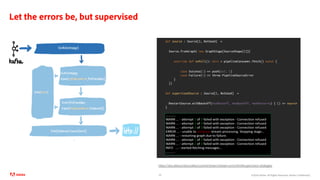 ©2020 Adobe. All Rights Reserved. Adobe Confidential.
Let the errors be, but supervised
28
def source : Source[I, NotUsed] =
Source.fromGraph( new GraphStage[SourceShape[I]]{
override def onPull(): Unit = pipelineConsumer.fetch() match {
case Success(i) => push(out, i)
case Failure(t) => throw PipelineSourceError
}
})
def supervisedSource : Source[I, NotUsed] =
RestartSource.withBackoff(minBackoff, maxBackoff, maxRestarts) { () => source
}
https://doc.akka.io/docs/akka/current/stream/stream-error.html#supervision-strategies
 