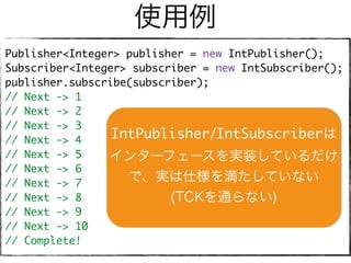 使用例
Publisher<Integer> publisher = new IntPublisher();
Subscriber<Integer> subscriber = new IntSubscriber();
publisher.subscribe(subscriber);
// Next -> 1
// Next -> 2
// Next -> 3
// Next -> 4
// Next -> 5
// Next -> 6
// Next -> 7
// Next -> 8
// Next -> 9
// Next -> 10
// Complete!
IntPublisher/IntSubscriberは
インターフェースを実装しているだけ
で、実は仕様を満たしていない
(TCKを通らない)
 