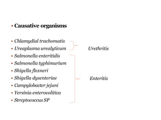  Causative organisms
 Chlamydial trachomatis
 Ureaplasma urealyticum
 Salmonella enteritidis
 Salmonella typhimurium
 Shigella flexneri
 Shigella dysenteriae
 Campylobacter jejuni
 Yersinia enterocolitica
 Streptococcus SP
Urethritis
Enteritis
 
