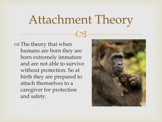 
 The theory that when
humans are born they are
born extremely immature
and are not able to survive
without protection. So at
birth they are prepared to
attach themselves to a
caregiver for protection
and safety.
Attachment Theory
 