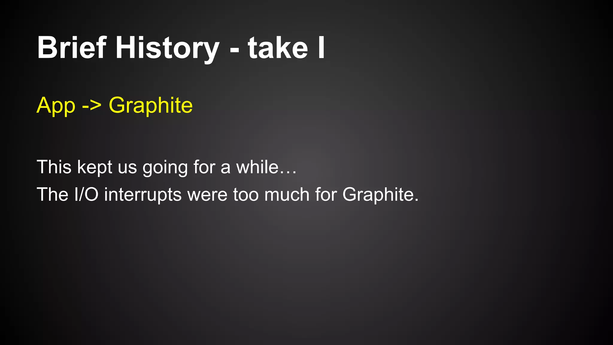 Brief History - take I
App -> Graphite
This kept us going for a while…
The I/O interrupts were too much for Graphite.
 