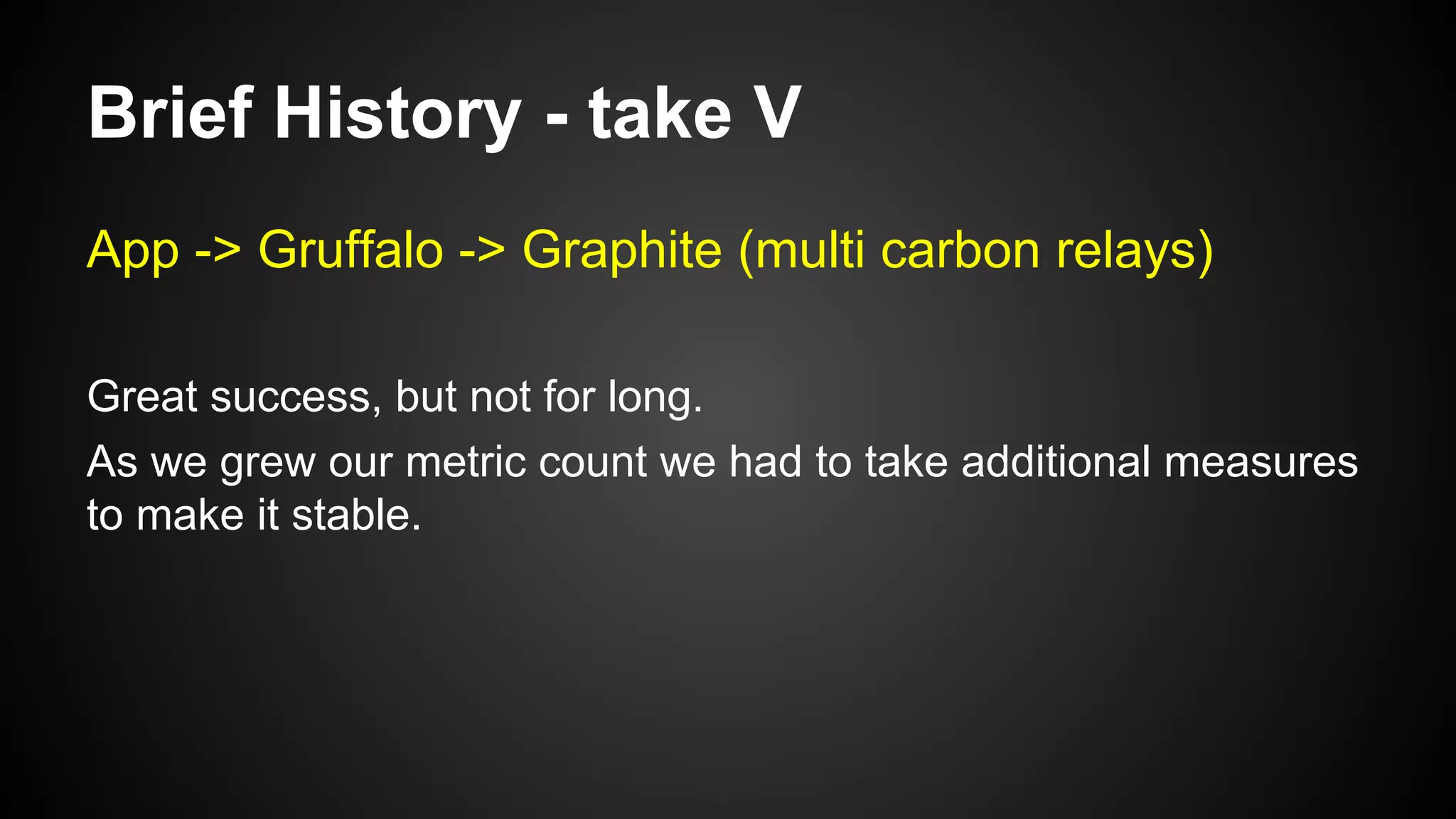 Brief History - take V
App -> Gruffalo -> Graphite (multi carbon relays)
Great success, but not for long.
As we grew our metric count we had to take additional measures
to make it stable.
 
