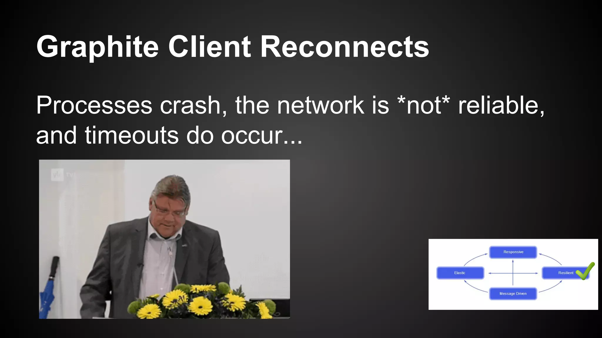 Graphite Client Reconnects
Processes crash, the network is *not* reliable,
and timeouts do occur...
 