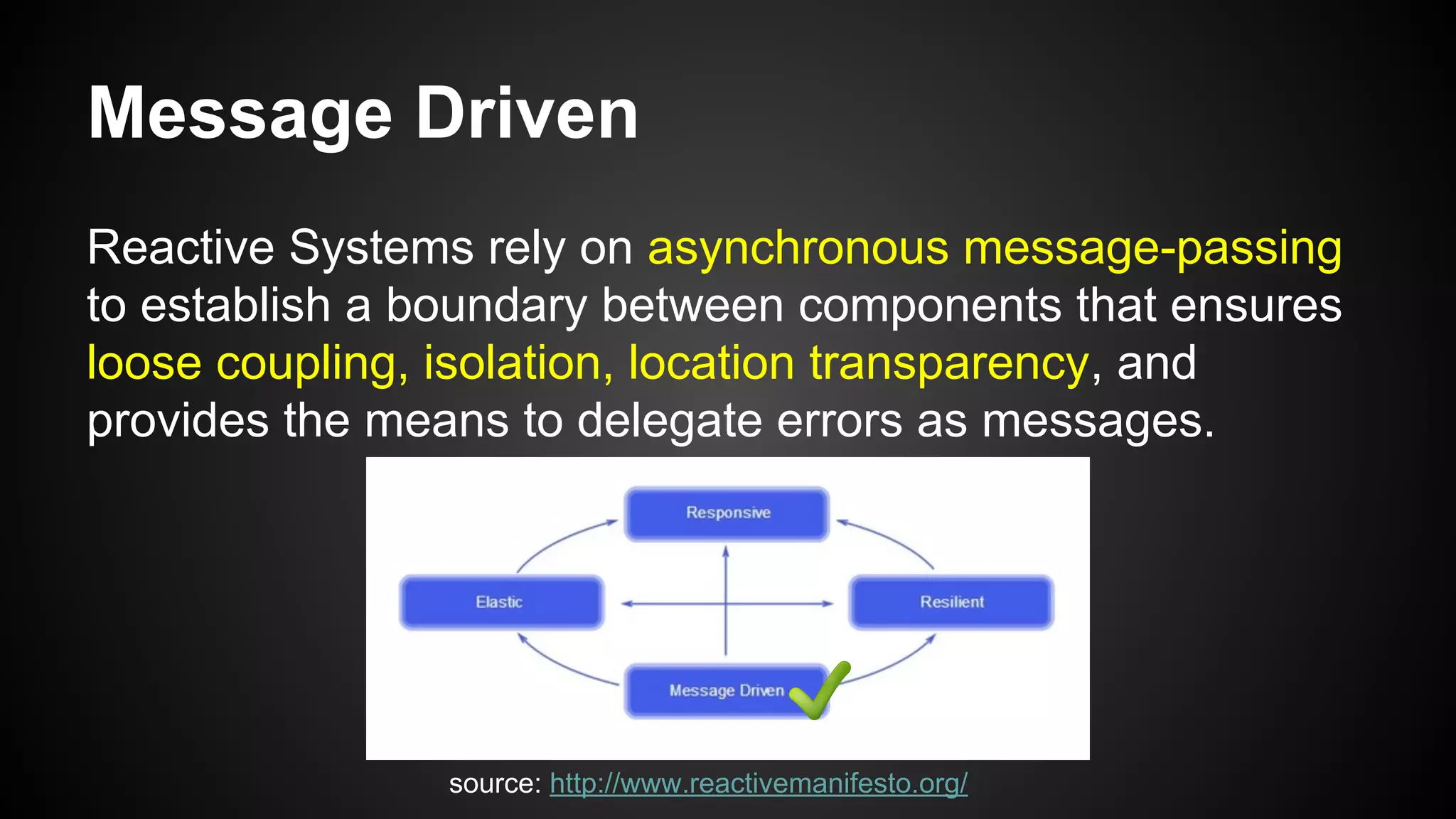 Message Driven
Reactive Systems rely on asynchronous message-passing
to establish a boundary between components that ensures
loose coupling, isolation, location transparency, and
provides the means to delegate errors as messages.
source: http://www.reactivemanifesto.org/
 
