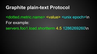 Graphite plain-text Protocol
<dotted.metric.name> <value> <unix epoch>n
For example:
servers.foo1.load.shortterm 4.5 1286269260n
 