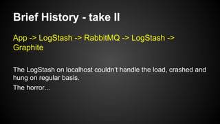 Brief History - take II
App -> LogStash -> RabbitMQ -> LogStash ->
Graphite
The LogStash on localhost couldn’t handle the load, crashed and
hung on regular basis.
The horror...
 