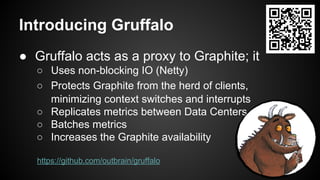 Introducing Gruffalo
● Gruffalo acts as a proxy to Graphite; it
○ Uses non-blocking IO (Netty)
○ Protects Graphite from the herd of clients,
minimizing context switches and interrupts
○ Replicates metrics between Data Centers
○ Batches metrics
○ Increases the Graphite availability
https://github.com/outbrain/gruffalo
 