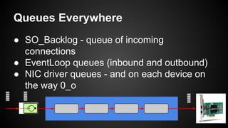 Queues Everywhere
● SO_Backlog - queue of incoming
connections
● EventLoop queues (inbound and outbound)
● NIC driver queues - and on each device on
the way 0_o
 