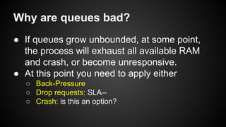 Why are queues bad?
● If queues grow unbounded, at some point,
the process will exhaust all available RAM
and crash, or become unresponsive.
● At this point you need to apply either
○ Back-Pressure
○ Drop requests: SLA--
○ Crash: is this an option?
 