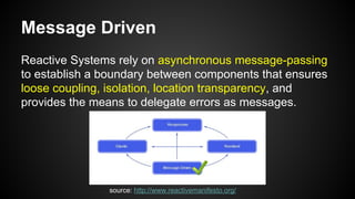 Message Driven
Reactive Systems rely on asynchronous message-passing
to establish a boundary between components that ensures
loose coupling, isolation, location transparency, and
provides the means to delegate errors as messages.
source: http://www.reactivemanifesto.org/
 