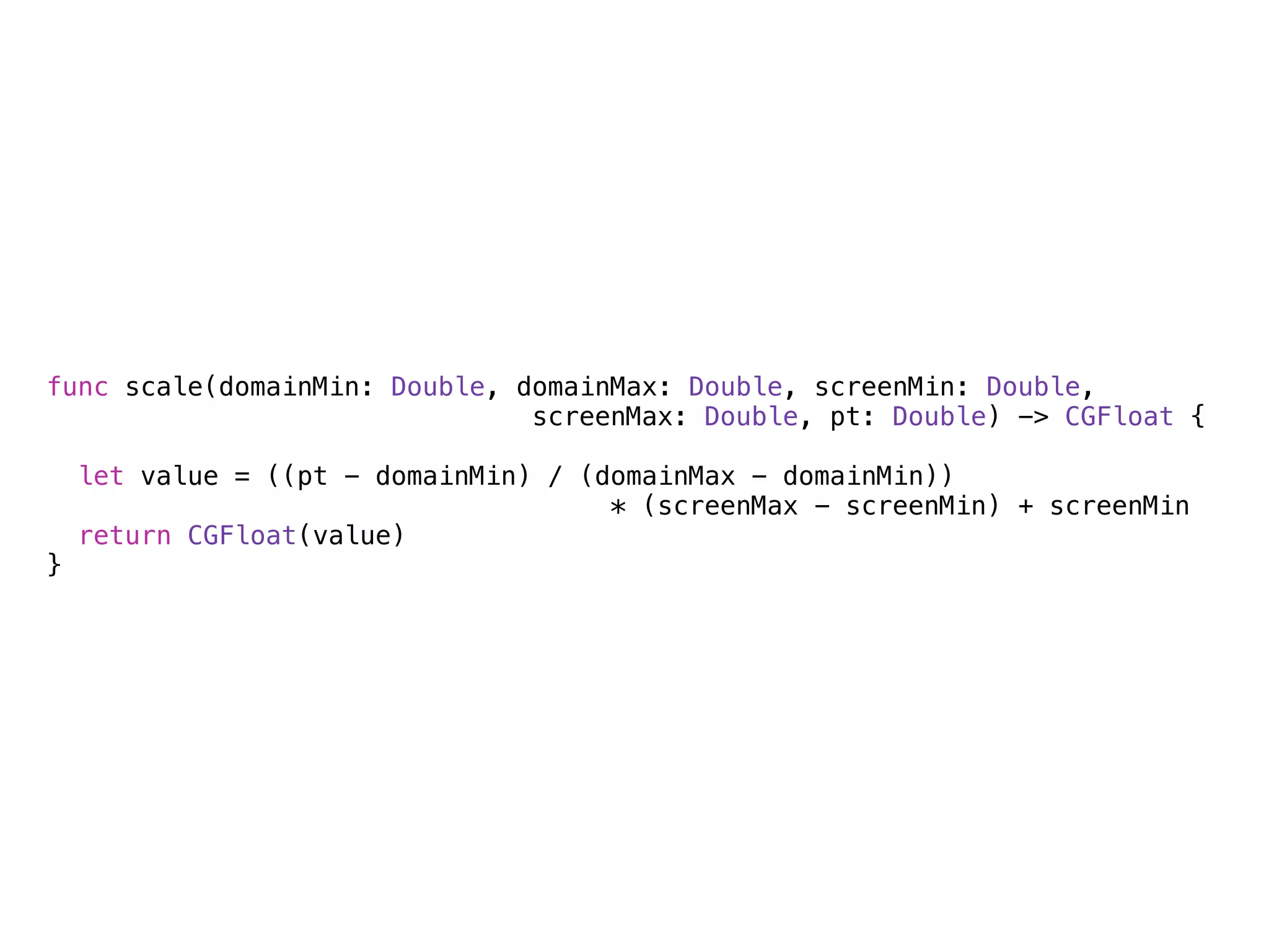 func scale(domainMin: Double, domainMax: Double, screenMin: Double, 
screenMax: Double, pt: Double) -> CGFloat { 
let value = ((pt - domainMin) / (domainMax - domainMin)) 
* (screenMax - screenMin) + screenMin 
return CGFloat(value) 
} 
 