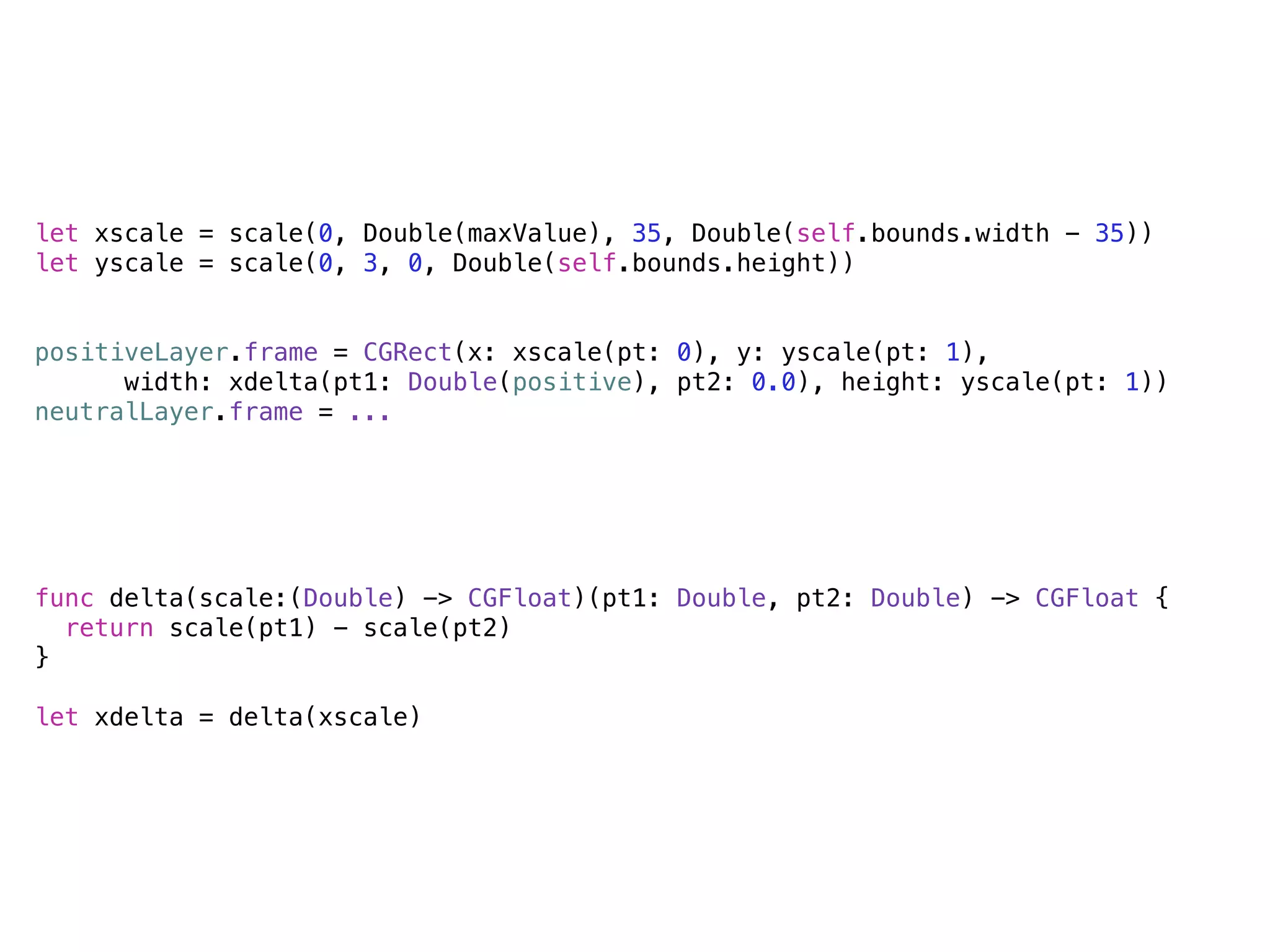 let xscale = scale(0, Double(maxValue), 35, Double(self.bounds.width - 35)) 
let yscale = scale(0, 3, 0, Double(self.bounds.height)) 
positiveLayer.frame = CGRect(x: xscale(pt: 0), y: yscale(pt: 1), 
width: xdelta(pt1: Double(positive), pt2: 0.0), height: yscale(pt: 1)) 
neutralLayer.frame = ... 
func delta(scale:(Double) -> CGFloat)(pt1: Double, pt2: Double) -> CGFloat { 
return scale(pt1) - scale(pt2) 
} 
let xdelta = delta(xscale) 
 