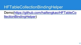 HFTableCollectionBindingHelper
Demo(https://github.com/haifengkao/HFTableCo
llectionBindingHelper)
32
 
