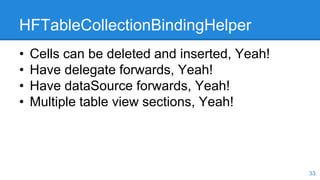 HFTableCollectionBindingHelper
• Cells can be deleted and inserted, Yeah!
• Have delegate forwards, Yeah!
• Have dataSource forwards, Yeah!
• Multiple table view sections, Yeah!
33
 