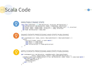 Scala Code 29
IMMUTABLE SNAKE STATE
SNAKE EVENTS PROCESSING AND STATE PUBLISHING
case class Snake(body: List[WorldLocation], direction: WorldLocation) { 
def go(toDirection: WorldLocation): Snake = Snake(body, toDirection) 
def moved: Snake = Snake((head + direction) :: body.take(body.size - 1), direction) 
def grown: Snake = Snake((head + direction) :: body, direction) 
def head: WorldLocation = body.head 
}
def createSnake(init: Snake, events: Observable[Event]): Observable[Snake] = { 
events 
.scan(init)((snake, event) => event match { 
case Move() => snake.moved 
case Grow() => snake.grown 
case Turn(direction) => snake.go(direction) 
}) 
}
APPLE EVENTS PROCESSING AND STATE PUBLISHING
def createApple(init: WorldLocation, snakeObservable: Observable[Snake],  
events: Subject[Event, Event]): Observable[WorldLocation] = { 
snakeObservable.scan(randomLocation())((loc: WorldLocation, snake: Snake) => snake.head match { 
case head if head == loc => 
events.onNext(Grow()) 
randomLocation() 
case _ => loc 
}) 
}
 