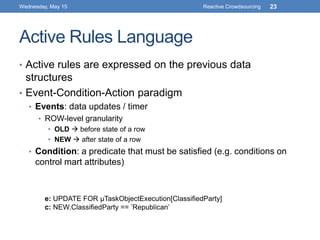 Active Rules Language
• Active rules are expressed on the previous data
structures
• Event-Condition-Action paradigm
• Eve...