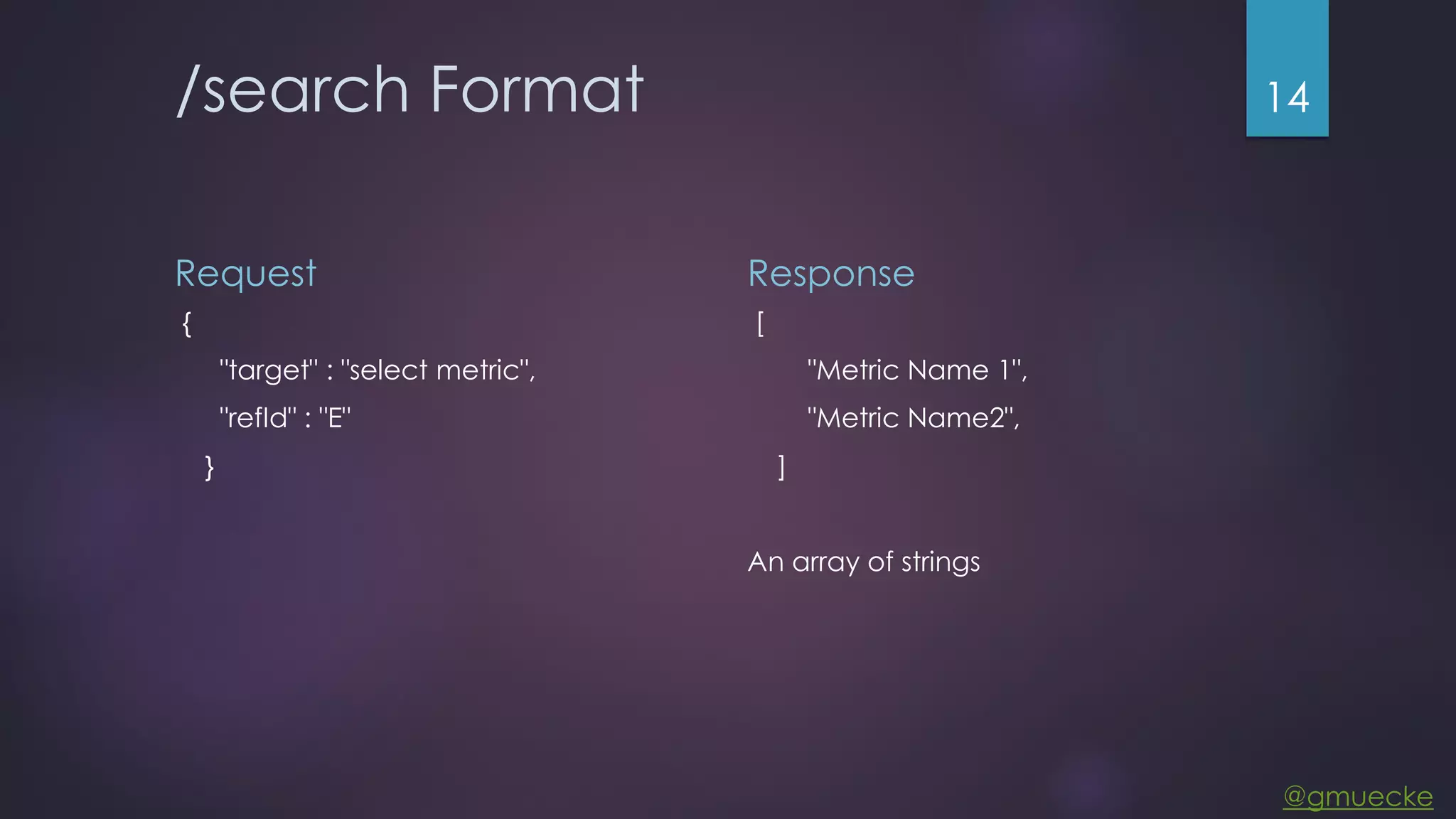 @gmuecke /search Format Request { "target" : "select metric", "refId" : "E" } Response [ "Metric Name 1", "Metric Name2", ] An array of strings 14 