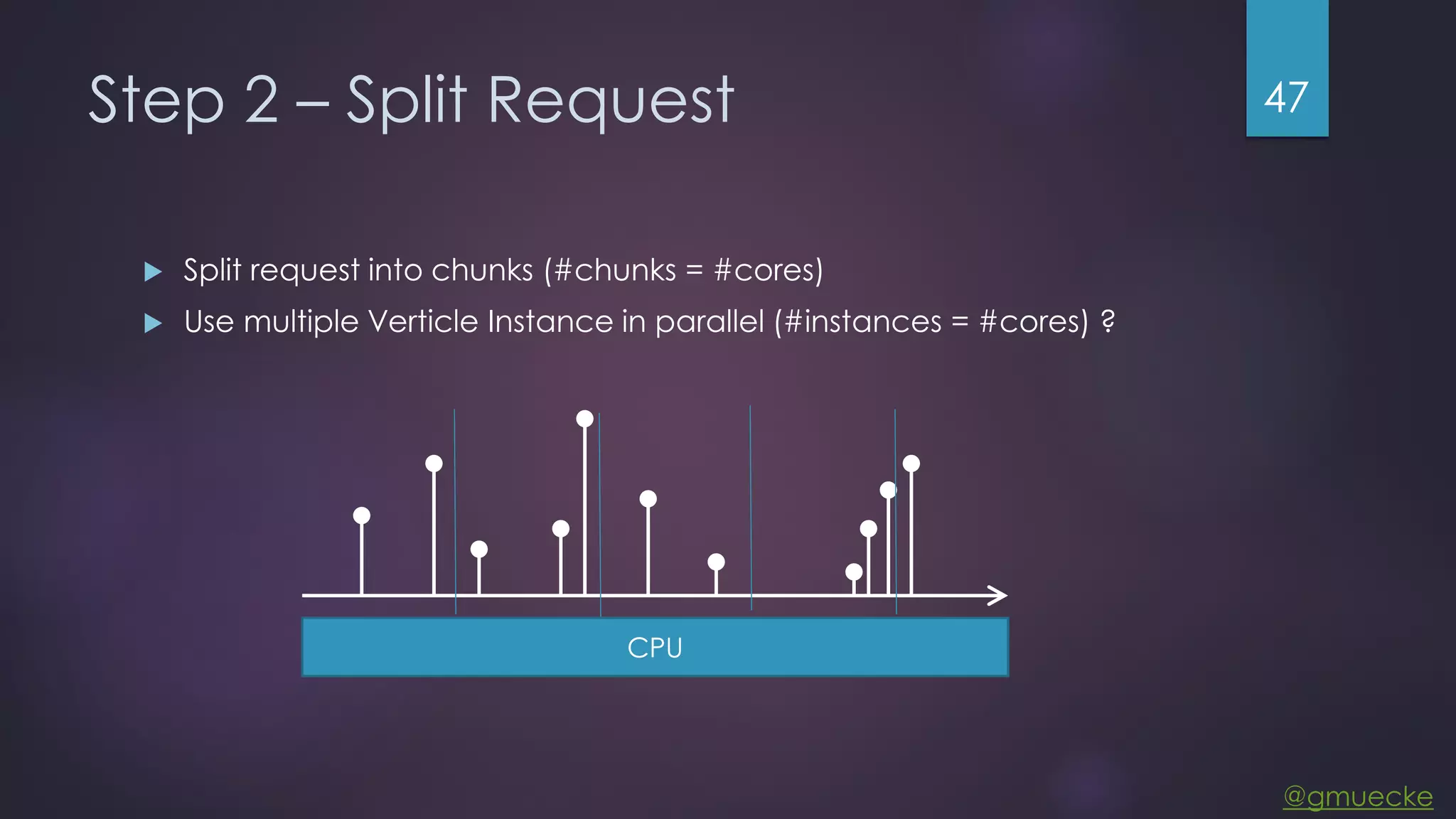 @gmuecke Step 2 – Split Request  Split request into chunks (#chunks = #cores)  Use multiple Verticle Instance in parallel (#instances = #cores) ? 47 CPU 